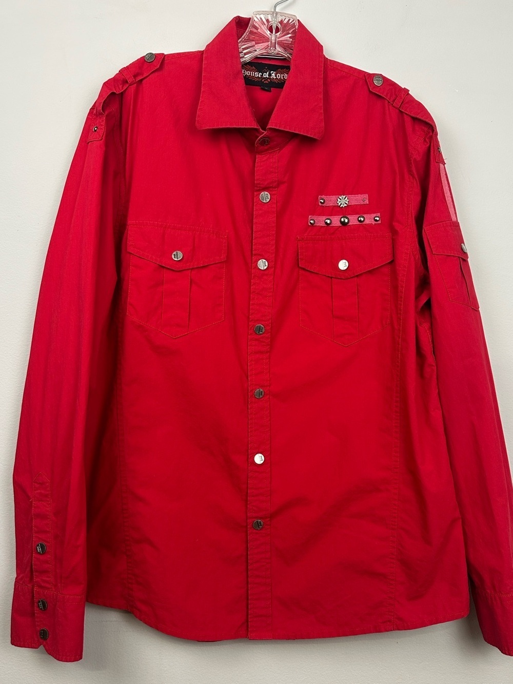 House of Lords Red Embellished Military Style Ling Sleeve Snap Button Shirt L